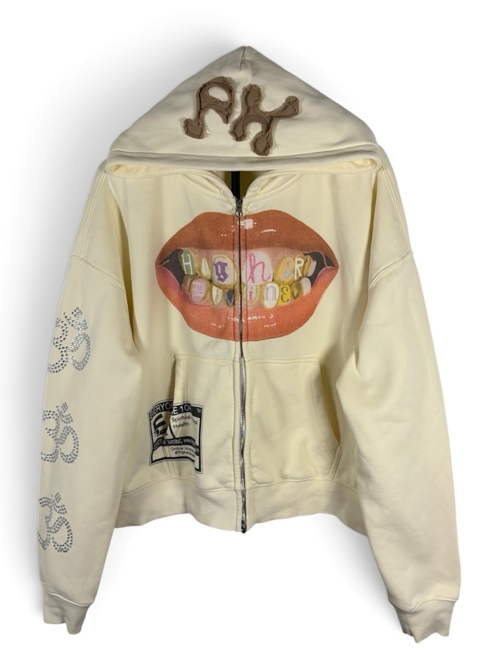 Higher Divine Cream Graphic Zip-Up Hoodie Jacket Streetwear Rhinestone Y2K